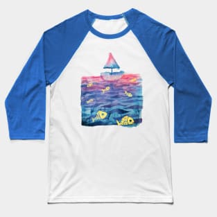 Sea, Boat & Fish Watercolor Baseball T-Shirt